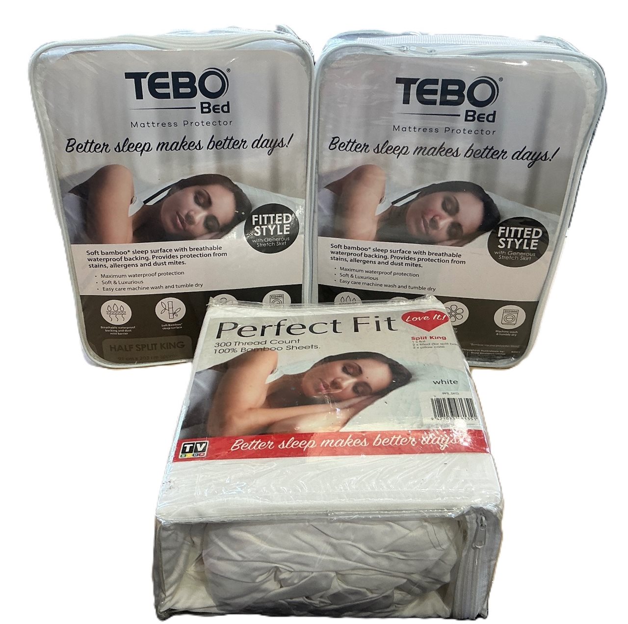 Half Split King Bamboo 300 Cotton Cotton Sheet Set and Mattress Protectors - White