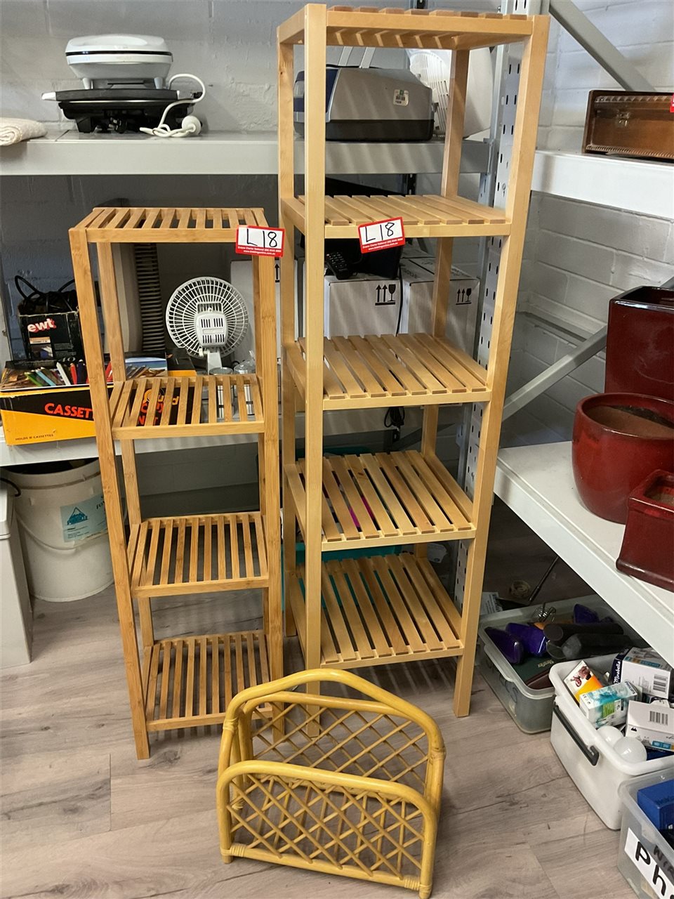Pair Of Slatted Shelves, 140 Cm Tall And 110 Cm Tall, And Cane Magazine Rack