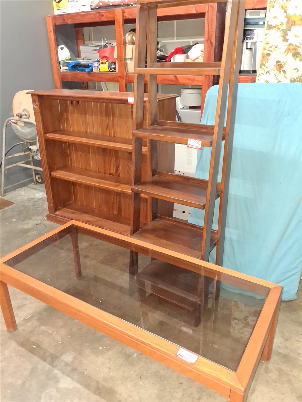 Timber And Glass Coffee Table 134 Cm Long X 60 Cm Wide X 46 Cm High And 5 Tiered Display Shelves 182 Cm High X 50 Cm Wide