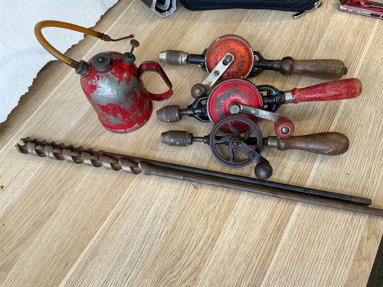 Early Hand Drills x 3 , Auger Bits and Oil Can