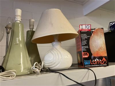 Himalayan Salt Lamp, White China Based Lamp With Shade, Pair Of Avocado Green China Lamp Bases, Pair Of Wooden And Metal Etched Shade Lamps And A Arlec Radiant Strip Heater, Untested, "Sold As Is" Thumbnail