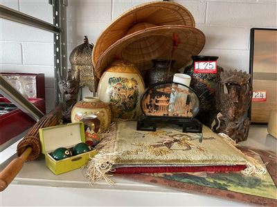 Assorted Asian Items Vases, Hats, Picture Parasol Thumbnail