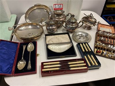 Epns Vintage Items, Spoons, Tea Set, Salad Servers, Platters Sugar Scuttle, Bone Handle Knives Thumbnail