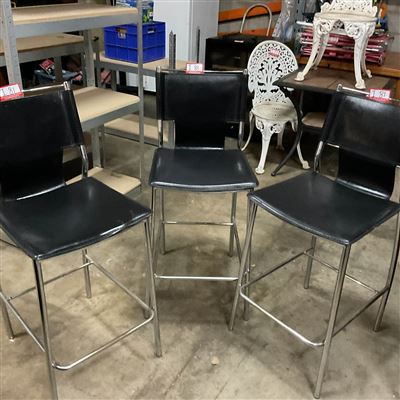 3 Metal And Black Leather Look Bar Stools Thumbnail