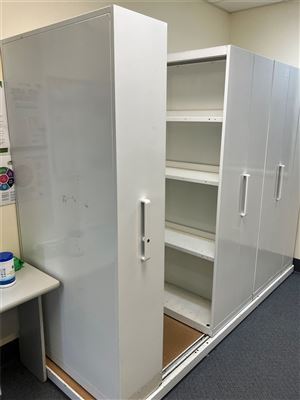 Compactus -6 bay -Overall size (- Base - 2550 x 950 mm wide -) -Cabinets - 1920 mm High X920 mm Wide x 330 mm deep - ( Buyer to arrnage uplift and Removal From Kadina Campus ) Thumbnail