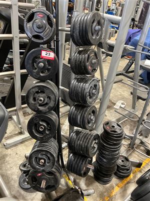 Quantity of Olympic Rubber Coated Weight Plates Assorted 1.25–20kg with Storage Trees Thumbnail