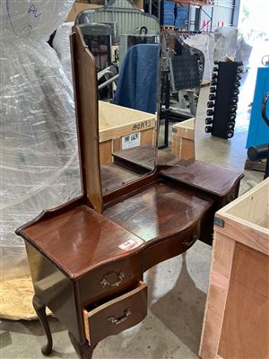 Vintage Timber Dressing Table with Triple Mirror, Five Drawers, Cabriole Legs Thumbnail