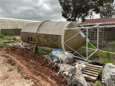 Large Fibreglass Silo On Stand -Tank Size Approx 4200 mm Long x 2200 mm Dia at End -Steel Stand 2700 m High Buyer to Arrange Uplift and Removal From Penfield Gardens ) Thumbnail