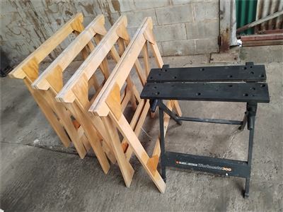 Folding Wooden Saw Horses x 4 & Black & Decker Workmate - ( Collection From Blair Athol) Thumbnail