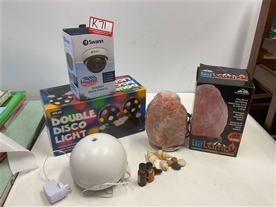 Salt Lamp, Double Disco Lights, Imitation Dome Camera And Auburnd Diffuser Plus Shells And Pebbles From Cornwall Thumbnail