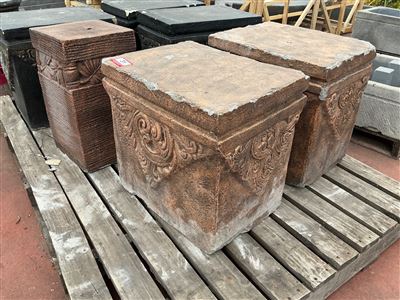 Pallet of 3 Pedestals, 2 Carved Terracotta Finish and 1 Tall Grooved Thumbnail