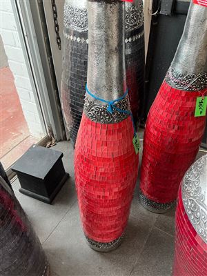 Tall Red Mosaic Bottle Floor Vase with Silver Neck Thumbnail