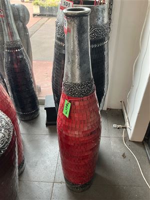 Tall Red Mosaic Bottle Floor Vase with Silver Neck Thumbnail