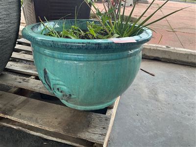 Turquoise Glazed Bowl Pot, Embossed Motif, 500mm Diameter x 330mm High Thumbnail