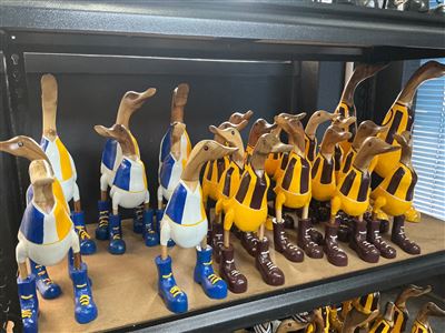 Lot of Approx 20 Carved Timber Ducks, Football Guernsey Colours Thumbnail