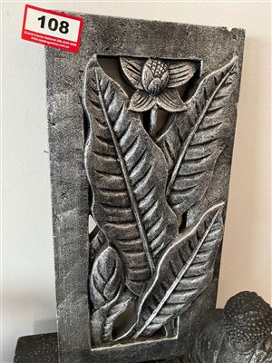 Solid Carved Lotus and Leaf Wall Panel, Grey Silver Wash Thumbnail