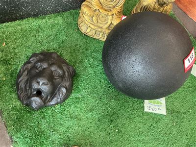 Solid Black Sphere Garden Ornament and Lion Head Wall Spout Thumbnail