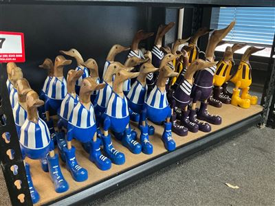 Lot of Approx 22 Carved Timber Ducks, Football Guernsey Colours Thumbnail
