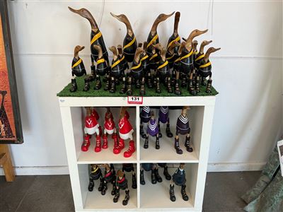 Lot of Approx 30 Carved Timber Ducks, Football Guernsey Colours Thumbnail