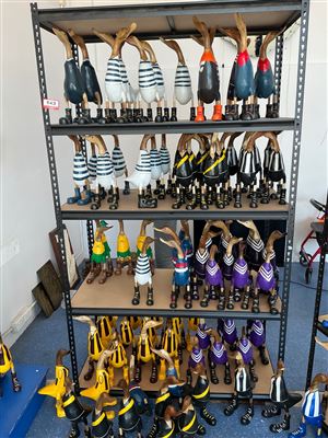Lot of Approx 80 Carved Timber Ducks, Football Guernsey Colours Thumbnail