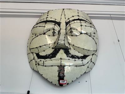 Large Riveted Metal Mask Wall Art, Cream with Black Detail Thumbnail