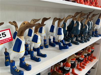 Lot of Approx 18 Carved Timber Ducks, Football Guernsey Colours Thumbnail
