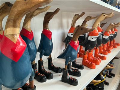 Lot of Approx 18 Carved Timber Ducks, Football Guernsey Colours Thumbnail