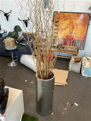 Tall Brushed Metal Cylinder Floor Vase with Decorative Branches Thumbnail