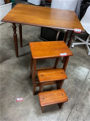 Timber Square Dropside Table, 90 Cm Wide When Fully Open X 75 Cm High, 46 Cm When Both Sides Are Down, And 3 Step Timber Fold Up Stool Thumbnail