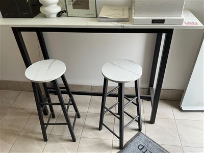 Tall Side Table with White Marble Top and 2 Stools - 1500 x 400 x 1000 mm H Thumbnail